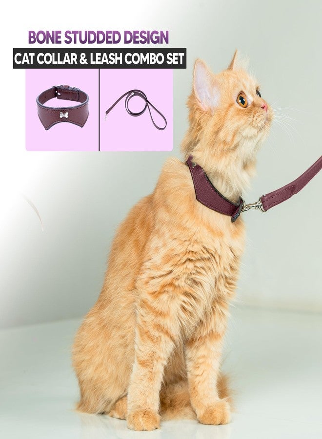 ADIL'S Adil’S Leather Cat Collar & Leash Combo Set - Stylish Single Bone Studded Design Collar, Genuine Leather, Adjustable Buckle & Secure 5ft Leash for Safe and Comfortable Outdoor Activity (Chestnut) - Image 3