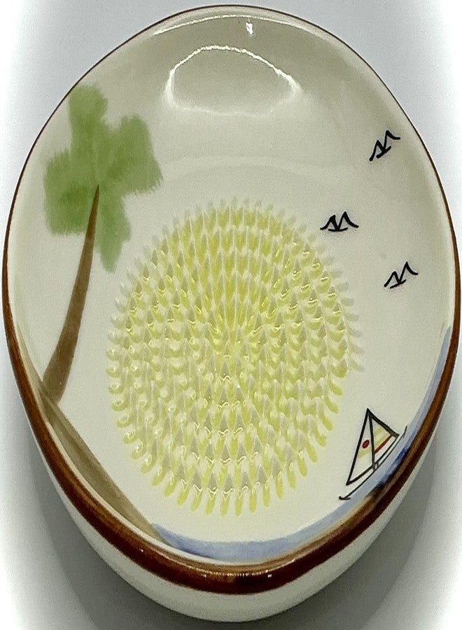BonCera, All-in-one Premium Ceramic Garlic Grater Plate 4-Piece Set - Classic Ocean and Palm Tree Design - For Garlic, Ginger, Chocolate, and more! - Comes with 5" Plate, Peeler, Brush, and Stand - Image 3