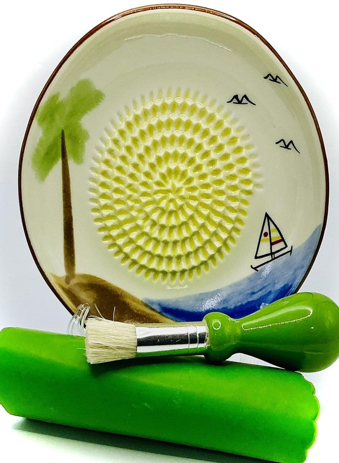 BonCera, All-in-one Premium Ceramic Garlic Grater Plate 4-Piece Set - Classic Ocean and Palm Tree Design - For Garlic, Ginger, Chocolate, and more! - Comes with 5" Plate, Peeler, Brush, and Stand - Image 1