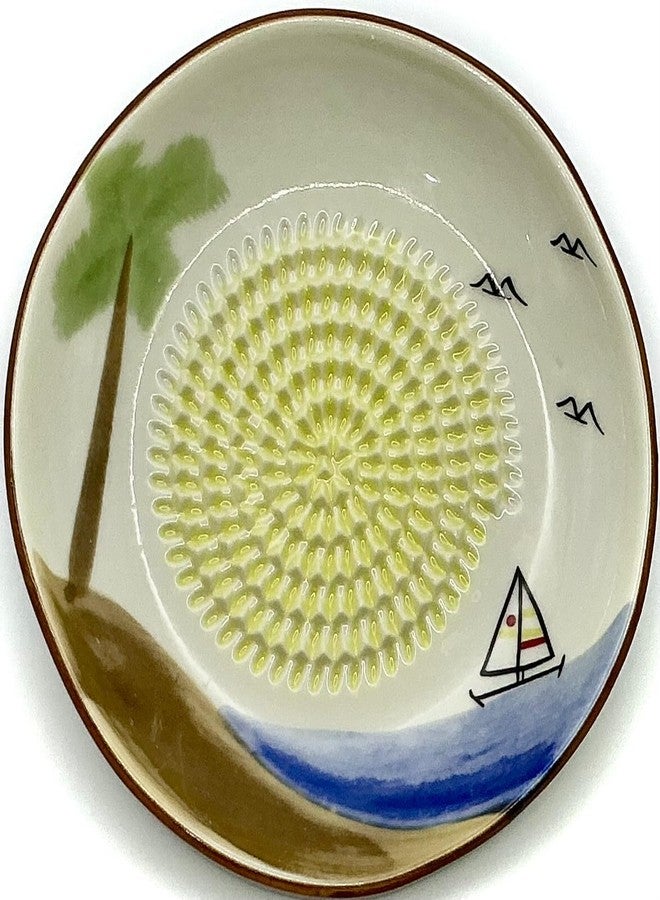 BonCera, All-in-one Premium Ceramic Garlic Grater Plate 4-Piece Set - Classic Ocean and Palm Tree Design - For Garlic, Ginger, Chocolate, and more! - Comes with 5" Plate, Peeler, Brush, and Stand - Image 2
