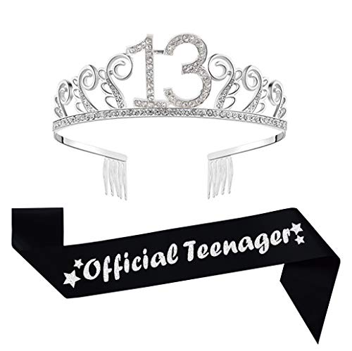 Mayin 13th Birthday Silver Tiara and Black Sash Glitter Satin Sash and Crystal Rhinestone Tiara Crown for Happy 13th Birthday Party Supplies Favors Decorations 13th Birthday Party Accessories - Image 1