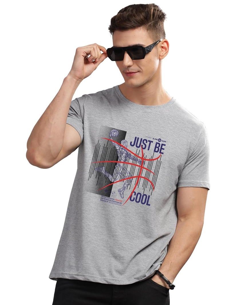 ADRO Men's Grey Basketball Graphic Printed T-Shirt - Just Be Cool Print, Cotton Lycra Stretch Fabric, Relaxed Fit - Image 1