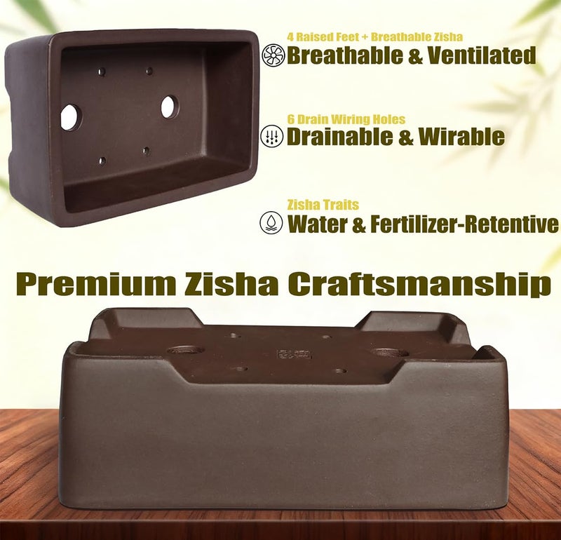 MUZHI Unglazed Zisha Bonsai Pot with Humidity Tray, Rectangle Bonsai Tree Planter with Drainage for Ficus, Succulent etc. (Classic Rectangle) - Image 3