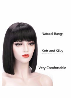 SYOSI Short Bob Hair Wigs,Black Wigs with Bangs 12" Straight with Flat Bangs Synthetic Colorful Cosplay Daily Party Wig for Women Natural As Real Hair (Black)  - Image 4