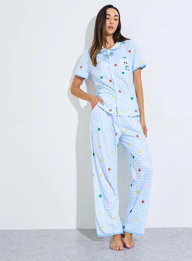ستايلي Blue Stars Print Checked Bow Detail Shirt and Pants Pyjama Set