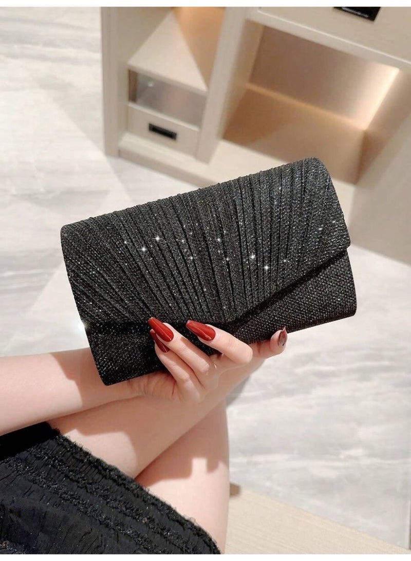 Women’s Evening Clutch Bag – Shiny Black Pleated Design, Perfect for Parties and Special Occasions - Image 1