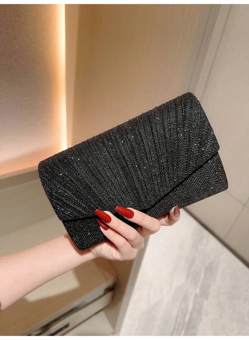 Women’s Evening Clutch Bag – Shiny Black Pleated Design, Perfect for Parties and Special Occasions - Image 3