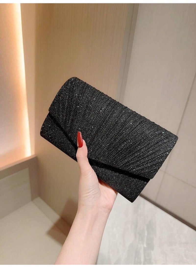 Women’s Evening Clutch Bag – Shiny Black Pleated Design, Perfect for Parties and Special Occasions - Image 2