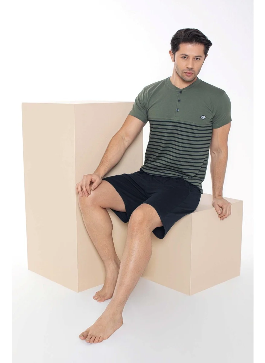 Bie'S Men's Crew Neck Green Cotton Short Sleeve Pocket Shorts Pajama Set
