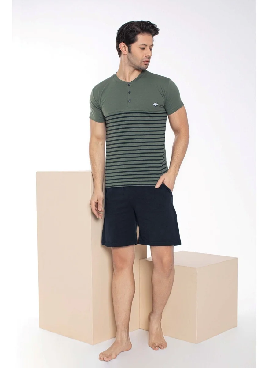 Bie'S Men's Crew Neck Green Cotton Short Sleeve Pocket Shorts Pajama Set
