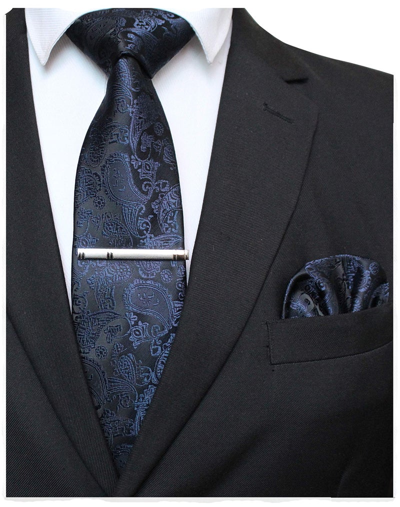JEMYGINS Navy Blue Paisley Tie Wedding Business Silk Necktie and Pocket Square, Hankerchief with Tie Clip Sets for Men(9) - Image 1