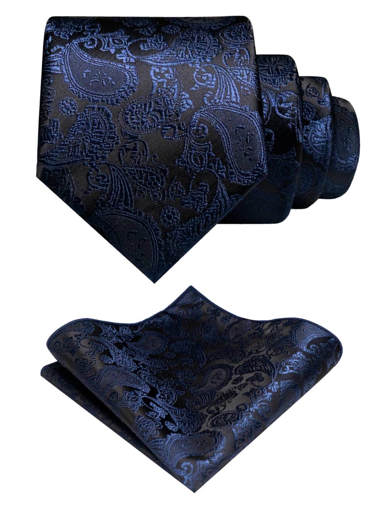 JEMYGINS Navy Blue Paisley Tie Wedding Business Silk Necktie and Pocket Square, Hankerchief with Tie Clip Sets for Men(9) - Image 2