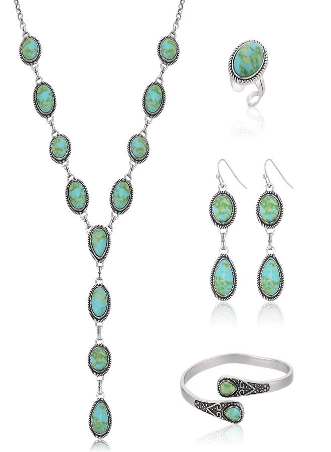 JMScape 4 PCS Western Turquoise Jewelry for Women Boho Vintage Navajo Pearl Necklace Earring Bracelet Ring Set Country Cowgirl Accessories for Gift, Large, Metal, Turquoise - Image 1