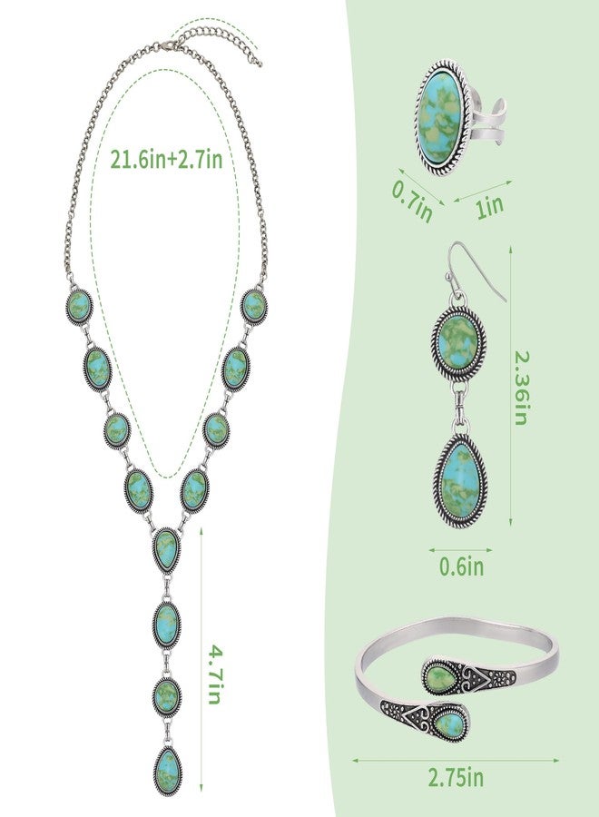 JMScape 4 PCS Western Turquoise Jewelry for Women Boho Vintage Navajo Pearl Necklace Earring Bracelet Ring Set Country Cowgirl Accessories for Gift, Large, Metal, Turquoise - Image 5