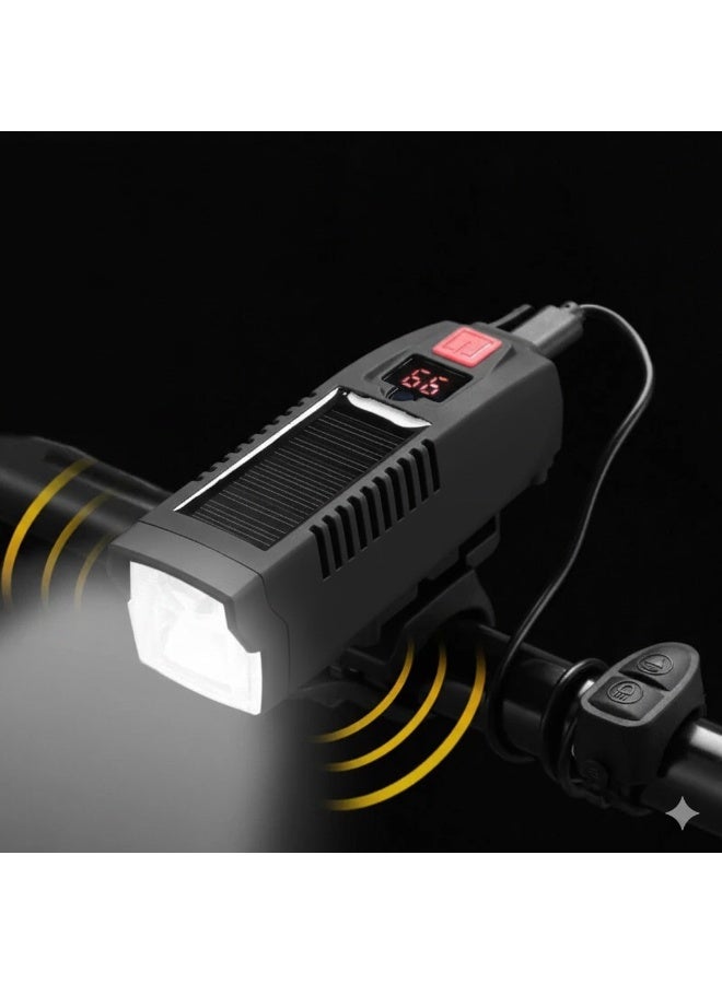 مصباح دراجة هوائية  (شحن شمسي و USB-C) بوق متعدد النغمات وتحكم سلكي، 1800 مللي أمبير - Image 1