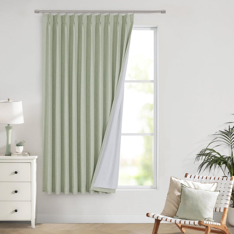 Vision Home Soft Green Pinch Pleated Full Blackout Curtains Linen Blended Room Darkening Window Curtains 63 inch for Living Room Bedroom Thermal Insulated Pinch Pleat Drapes with Hooks 60"" Wx63 Lx1 - Image 1