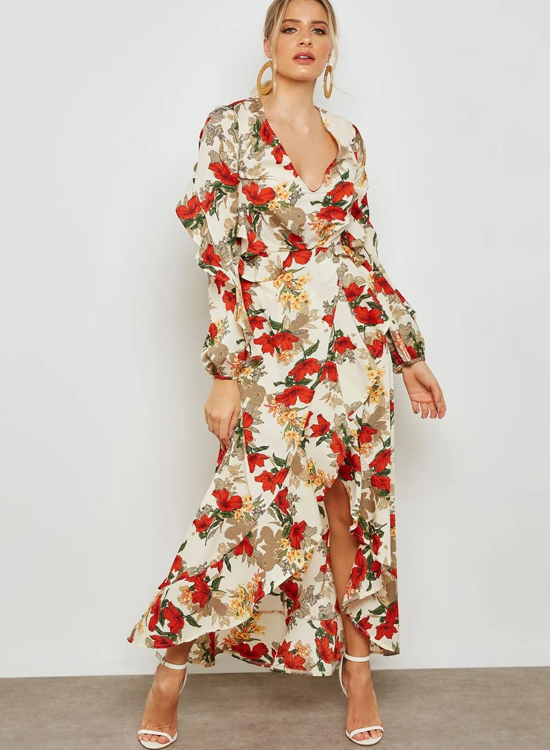ELLA Floral Print Wrap Front Ruffle Trim Maxi Dress