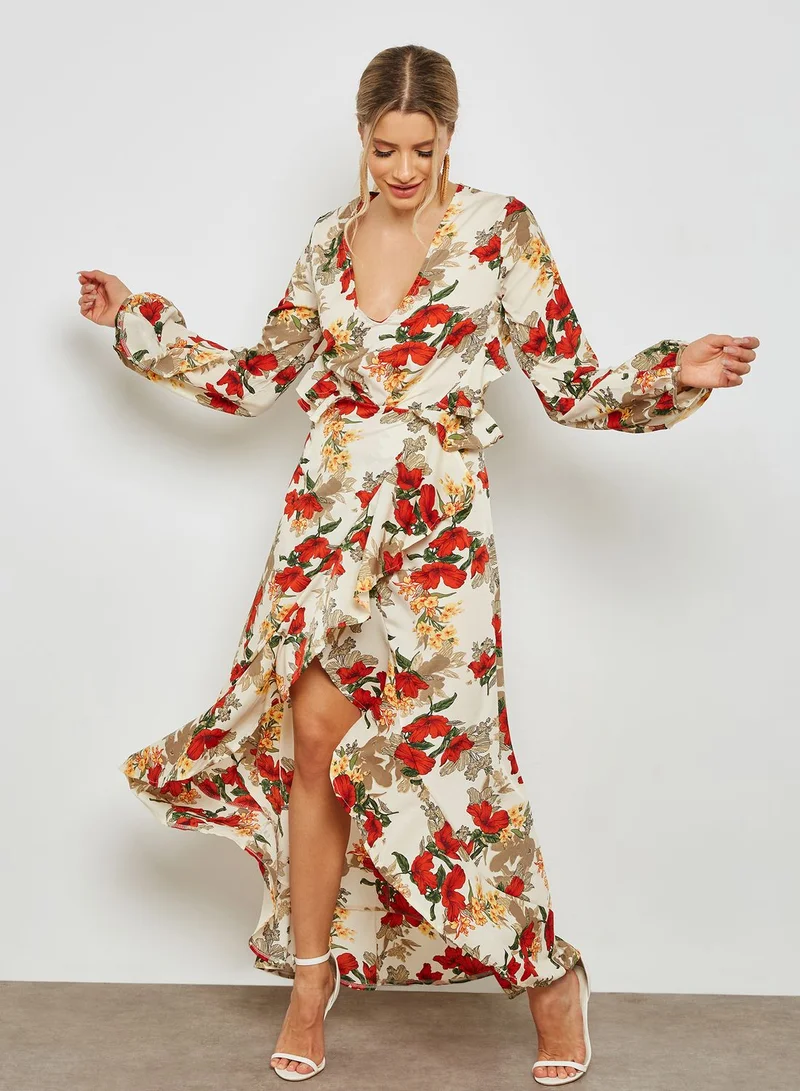 ELLA Floral Print Wrap Front Ruffle Trim Maxi Dress