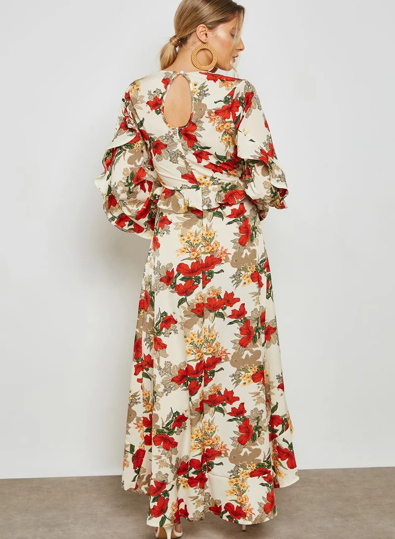 ELLA Floral Print Wrap Front Ruffle Trim Maxi Dress