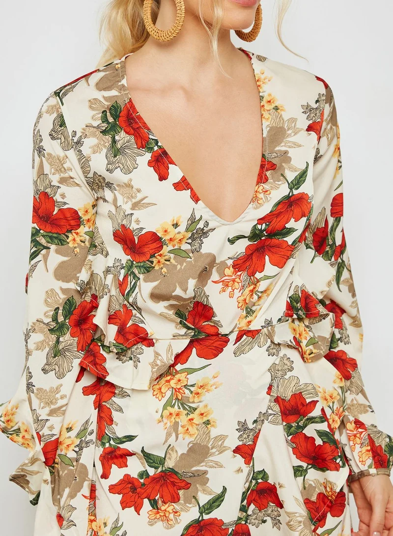 ELLA Floral Print Wrap Front Ruffle Trim Maxi Dress