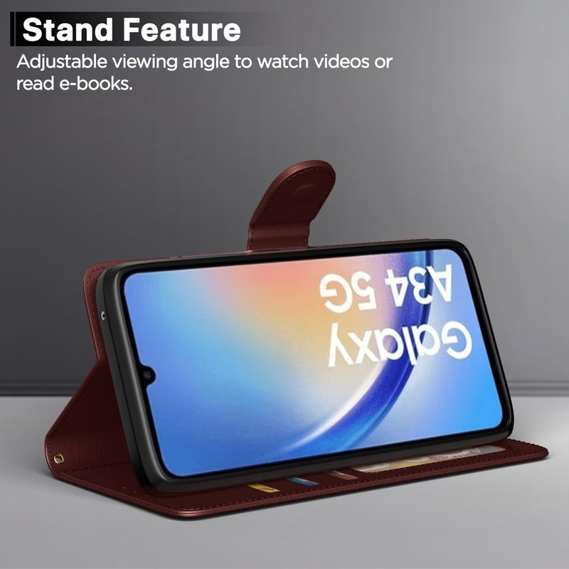 Pikkme غطاء فليب جلد Pikkme لهاتف سامسونج جالاكسي A34 5G | داخل TPU مع جيوب للبطاقات | حامل محفظة ومضاد للصدمات | حماية كاملة لغطاء الفليب (بني) - Image 3