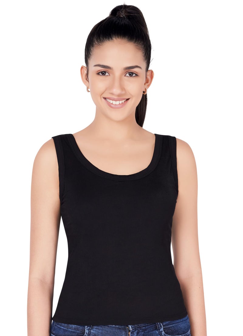 PLUMBURY Women's Padded Camisole with Built-in Shelf Bra & Moulded Cups | Relaxed Fit |Tank Top| Black, Size M - Image 2