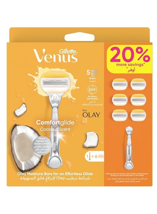 Gillette Comfort Razor with Olay Coconut for Women with 6 Refillable Blades