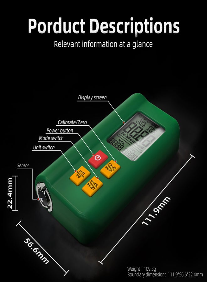 BSIDE High Precise Thickness Gauge LCD Digital Automobile Film Thickness Meter Car Paint Coating Thickness Tester with Multi-point and Zeroing Calibration Function - Image 4