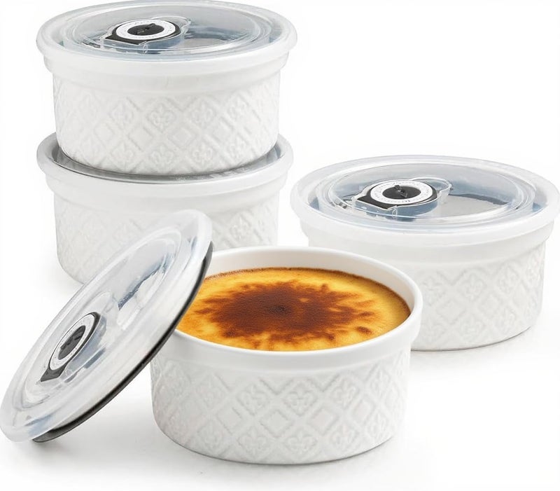 MISSYSSIM 12 oz Ramekin Oven Safe, Creme Brulee Ramekins with Lids, Small White Ceramic Ramekin, Mini Baking Bowls with Cover Set of 4, Ramekins Assorted Sizes - Image 1