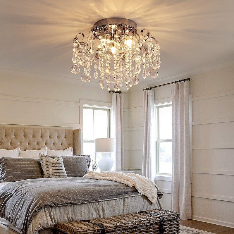 QS Small Crystal Chandelier Flush Mount Ceiling Light 3 Lights Modern Chrome Iron Raindrop Crystal Ceiling Fixture for Bedroom Hallway Closet Entryway Stairs - Image 4