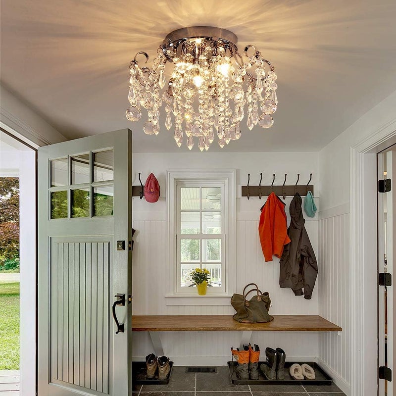 QS Small Crystal Chandelier Flush Mount Ceiling Light 3 Lights Modern Chrome Iron Raindrop Crystal Ceiling Fixture for Bedroom Hallway Closet Entryway Stairs - Image 5