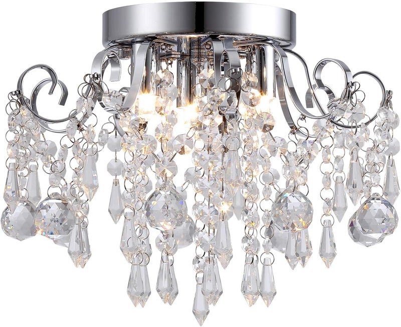 QS Small Crystal Chandelier Flush Mount Ceiling Light 3 Lights Modern Chrome Iron Raindrop Crystal Ceiling Fixture for Bedroom Hallway Closet Entryway Stairs - Image 2