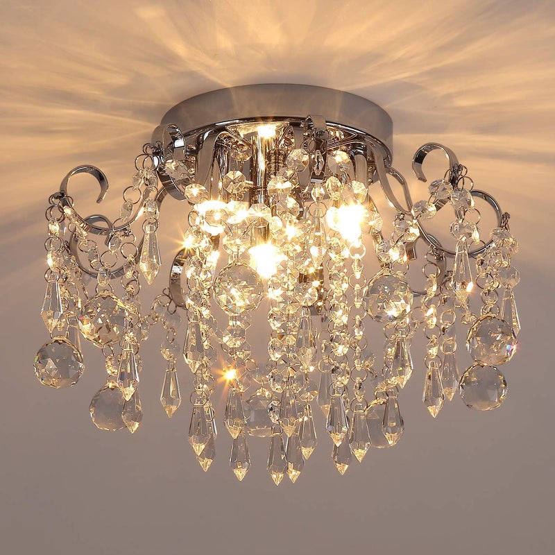 QS Small Crystal Chandelier Flush Mount Ceiling Light 3 Lights Modern Chrome Iron Raindrop Crystal Ceiling Fixture for Bedroom Hallway Closet Entryway Stairs - Image 1