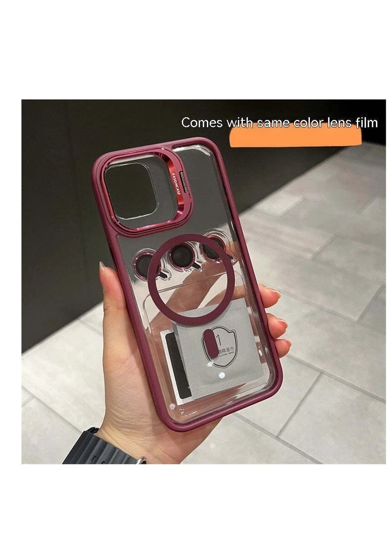 iPhone 15 Pro Max 6.7-Inch Clear Case with Kickstand, Built-in Camera Ring Stand, with Lens Protector Cover, Shockproof Hard PC Back Soft TPU Frame Slim Case - Wine Red