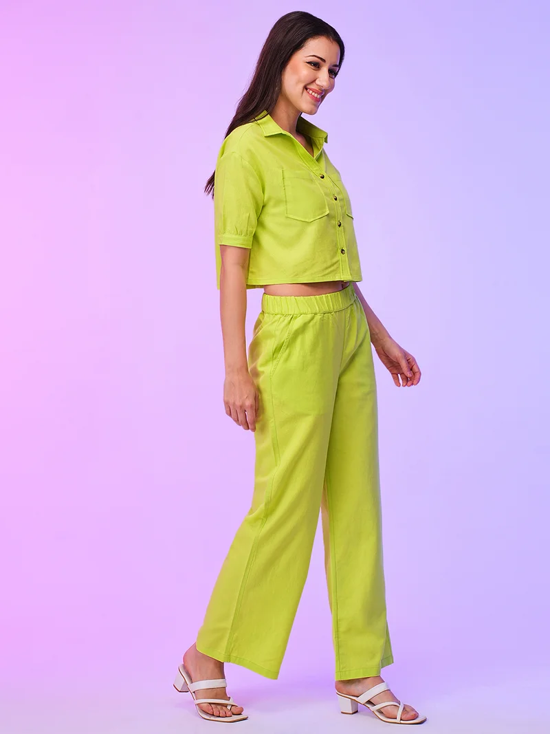 globus Women Shirt Collar Crop Boxy Shirt & Wide Leg Trouser