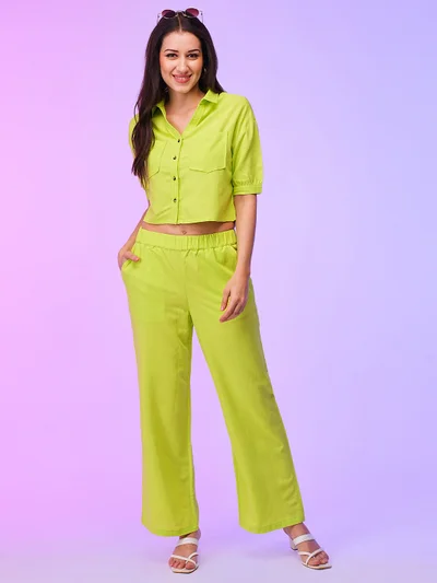 globus Women Shirt Collar Crop Boxy Shirt & Wide Leg Trouser