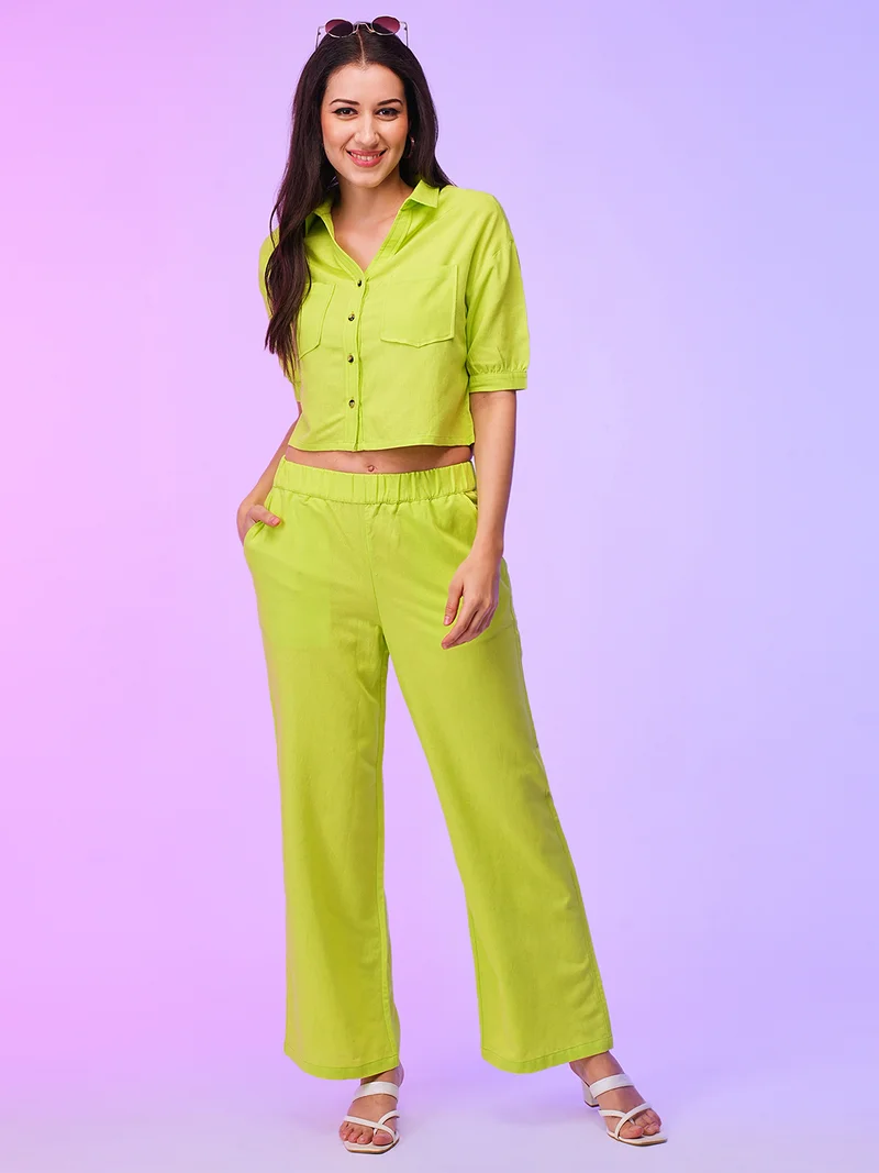globus Women Shirt Collar Crop Boxy Shirt & Wide Leg Trouser