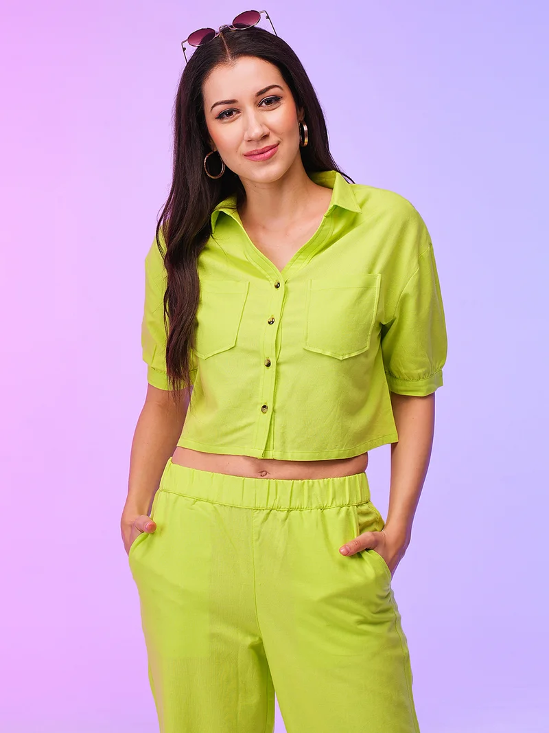 globus Women Shirt Collar Crop Boxy Shirt & Wide Leg Trouser