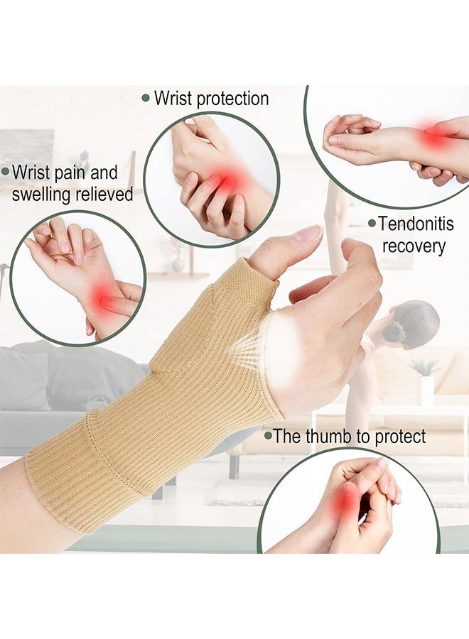 دعامة دعم المعصم، زوجان من دعامات دعم المعصم والإبهام وقفازات الضغط، دعامات معصم قابلة للتهوية مع وسائد جل للإبهام، للنساء والرجال، مثبت لالتهاب المفاصل وتسكين الألم (لون بيج + أسود، كبير) - Image 2