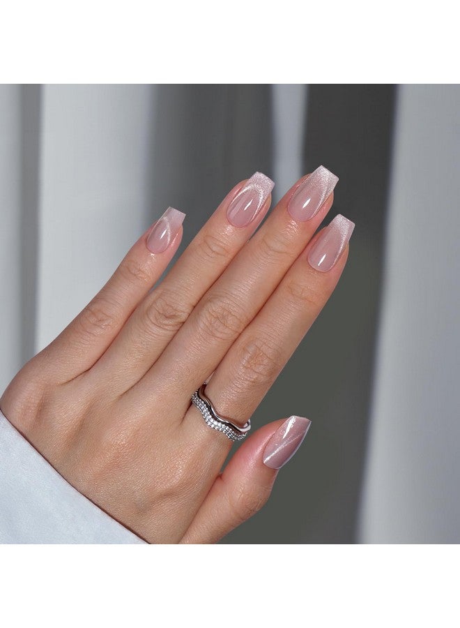 Press On Nails Short - Cat Eye French Tip Press On Nails Coffin, Light Weight & Fit Perfectly Nail Tips, Natural Fake Nail With Glue, Glue On Nails In 16 Sizes - 30 Nail Kit, Milky Way