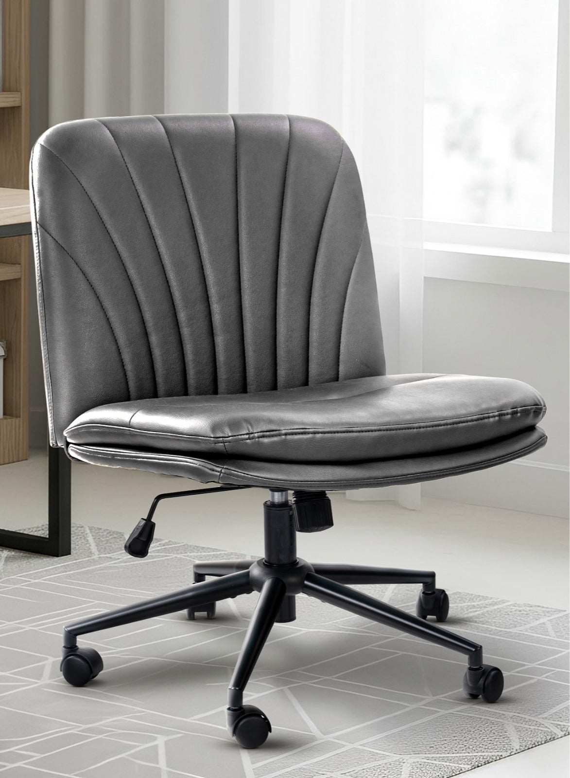 Criss Cross Legged Office Chair for Work at Home, PU Leather Accent Chair for Long Hours Sitting Comfort, Armless, Adjustable Height & Tilt Lock Recline | Swivel Computer Chair for Home Office Grey