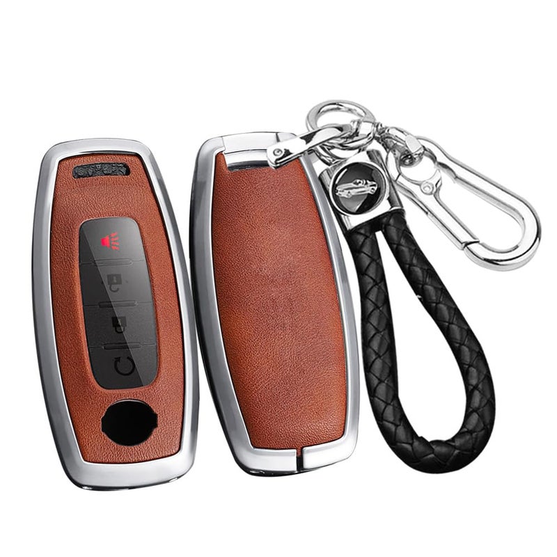 SANRILY PU Leather 345 Button Key Fob Cover Fit for Nissan Rogue 2024 2023 Pathfinder Xtrail Ariya 8 Gen th New Teana Keyless with Keychain Silverbrown