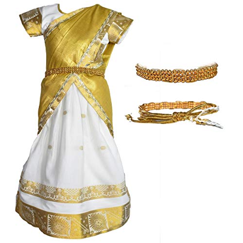 AMIRTHA FASHION Cotton Silk Girls Traditional Readymade Lehenga Choli Rudhura Kerala Half Saree With Waist Belt (7-8 Years_Amfrhsk8_30), White - Image 1