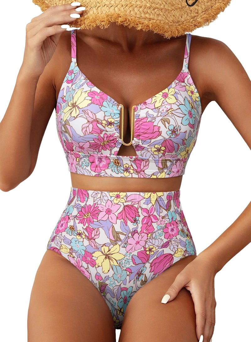 Herseas Womens U Wire Bikini Sets Floral Print Crisscross Back Two Piece Swimsuit High Waisted Full Coverage 2026 Summer Slimming Bathing Suits Cruise Essentials Pink Floral Medium - Image 1