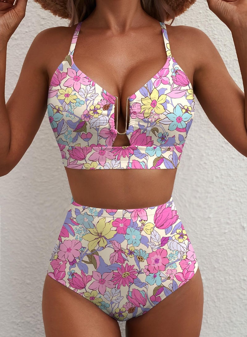 Herseas Womens U Wire Bikini Sets Floral Print Crisscross Back Two Piece Swimsuit High Waisted Full Coverage 2026 Summer Slimming Bathing Suits Cruise Essentials Pink Floral Medium - Image 5