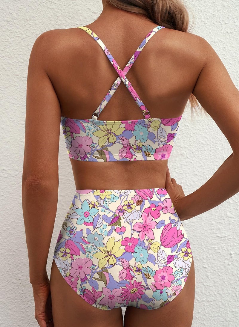 Herseas Womens U Wire Bikini Sets Floral Print Crisscross Back Two Piece Swimsuit High Waisted Full Coverage 2026 Summer Slimming Bathing Suits Cruise Essentials Pink Floral Medium - Image 2