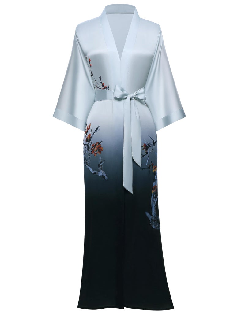 PRODESIGN Long Satin Nightgown with Gradient Watercolor Pattern - Silky Kimono Robe and Bathrobe - Image 1