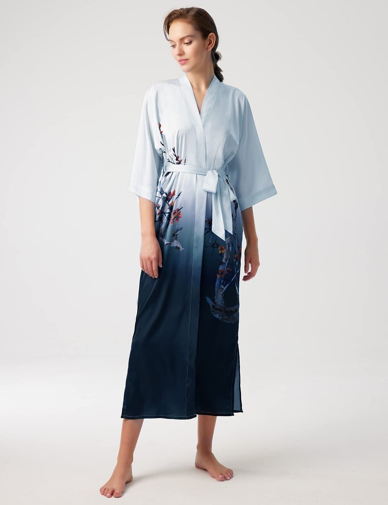 PRODESIGN Long Satin Nightgown with Gradient Watercolor Pattern - Silky Kimono Robe and Bathrobe - Image 3