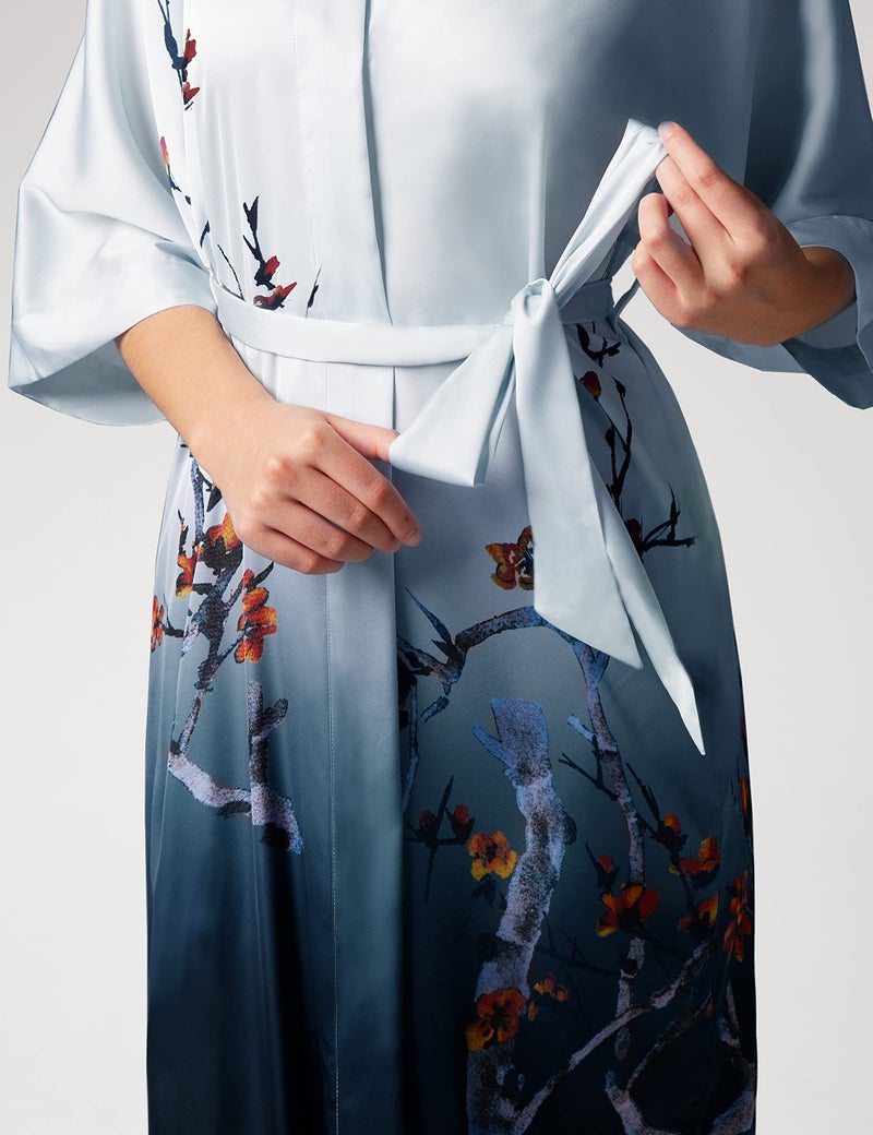 PRODESIGN Long Satin Nightgown with Gradient Watercolor Pattern - Silky Kimono Robe and Bathrobe - Image 4