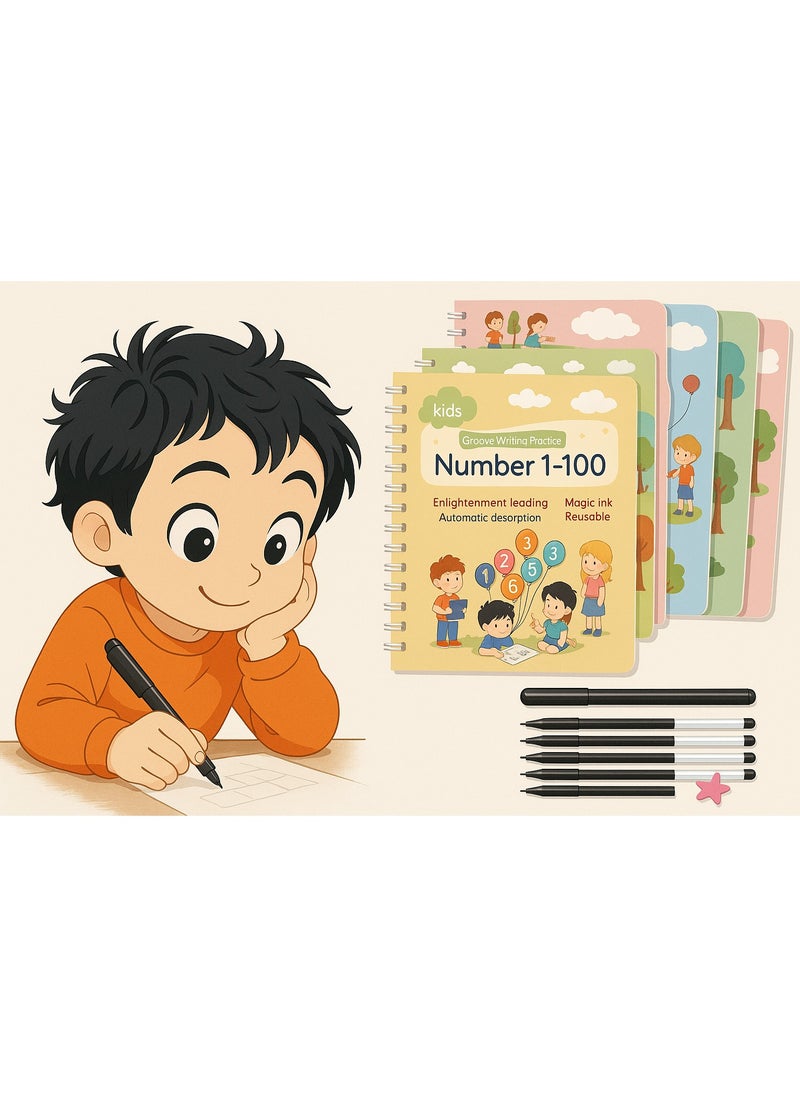 FABTEX Magic Ink Copybooks for Kids Reusable Handwriting Workbooks for Preschools Grooves Template Design and Handwriting Aid Magic Practice Copybook for Kids The Print Writing (4 Books with Pens)  - Image 1